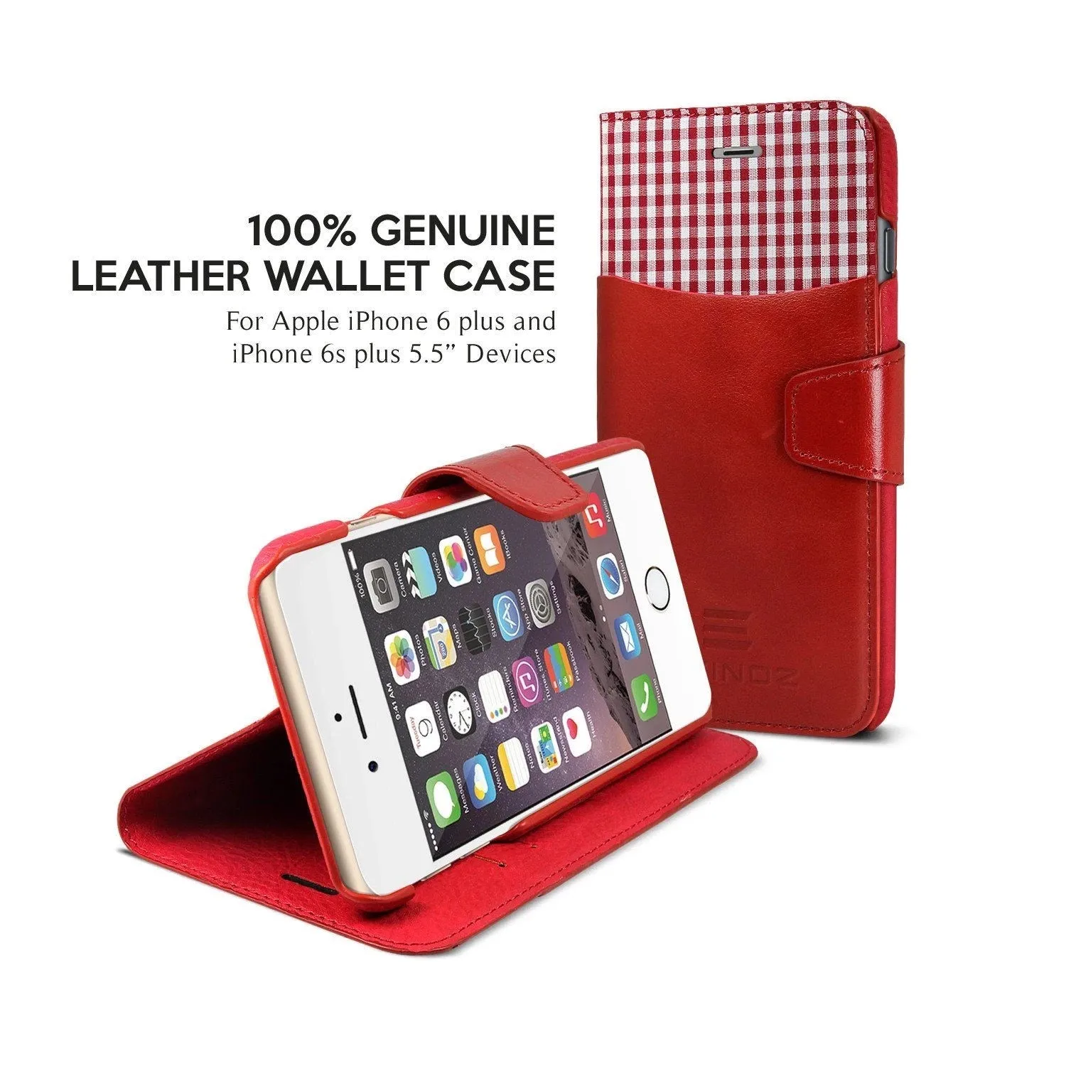 Exinoz iPhone 6S Plus Case, 100% Genuine Leather Wallet Case [RED] - For Apple iPhone 6 Plus and iPhone 6S Plus 5.5" Devices