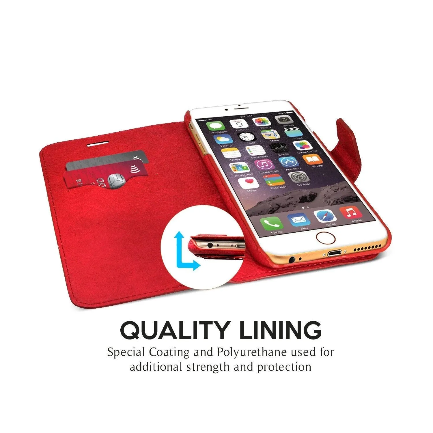 Exinoz iPhone 6S Plus Case, 100% Genuine Leather Wallet Case [RED] - For Apple iPhone 6 Plus and iPhone 6S Plus 5.5" Devices