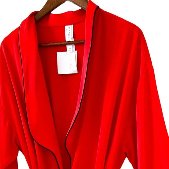 Fabletics NEW Eco-satin Robe In Strawberry Red With Black Trim Size M