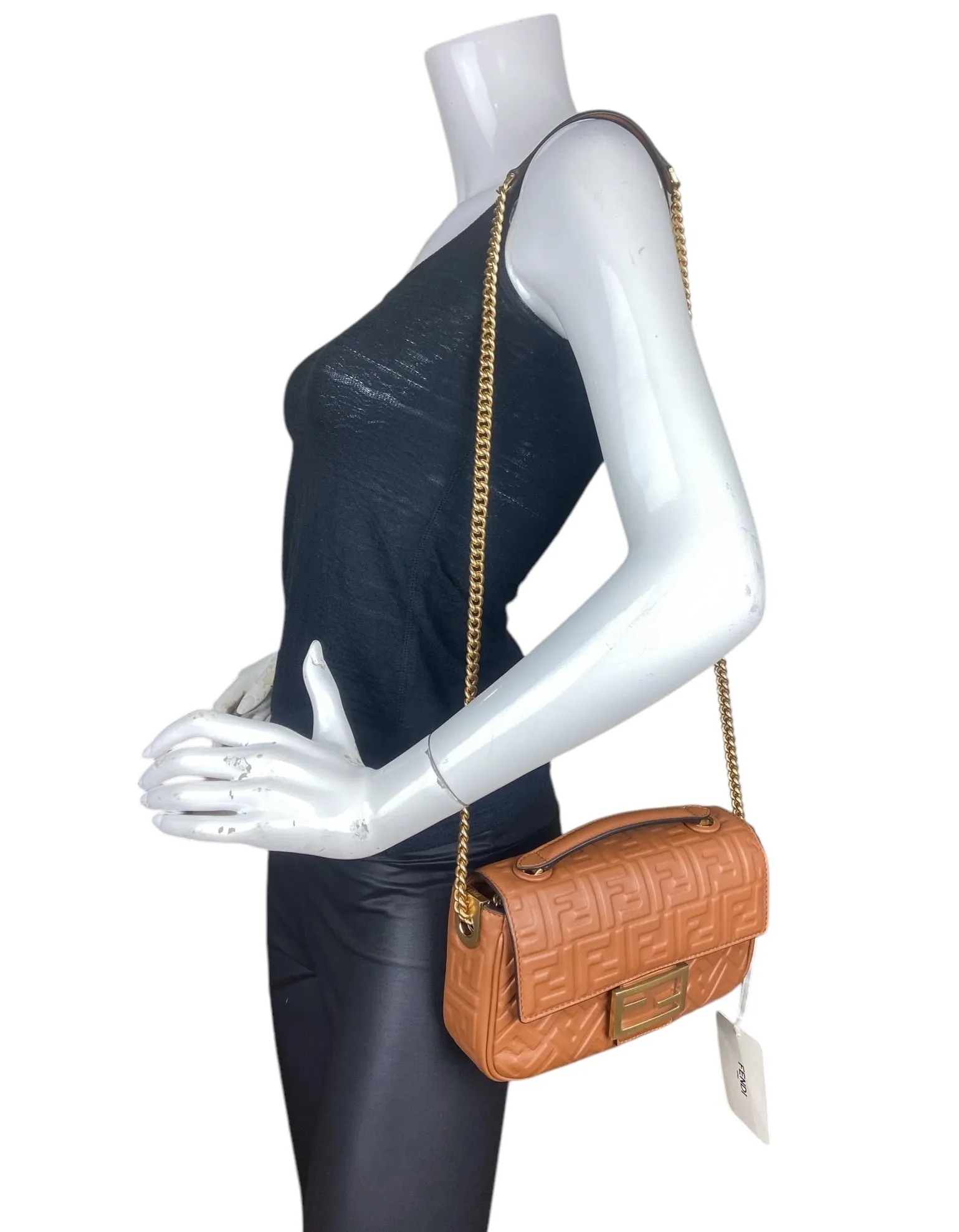 Fendi Brown Embossed Baguette Chain Midi
