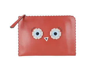 FENDI BUG'S EYE LEATHER CLUTCH BRICK COLOR WITH DUST COVER AND BOX