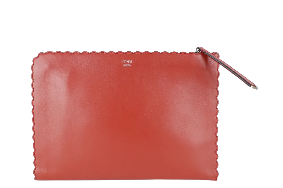 FENDI BUG'S EYE LEATHER CLUTCH BRICK COLOR WITH DUST COVER AND BOX
