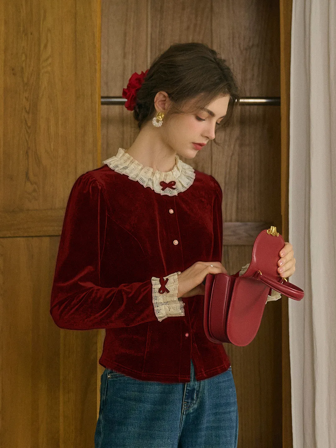【Final Sale】Azaria Round Collar Contrasting Lace Panel Bow Velvet Top - Rust Red