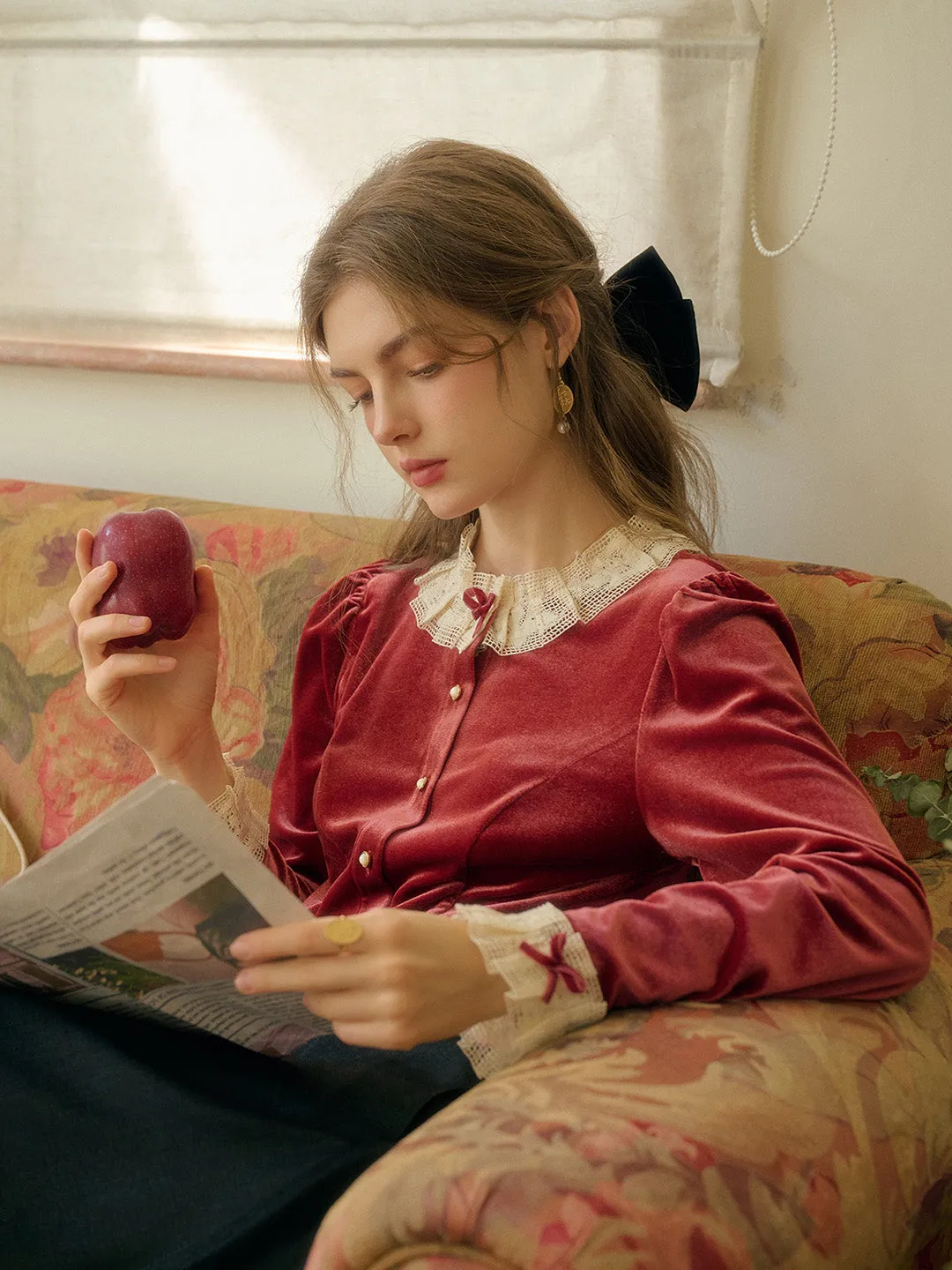 【Final Sale】Azaria Round Collar Contrasting Lace Panel Bow Velvet Top - Rust Red