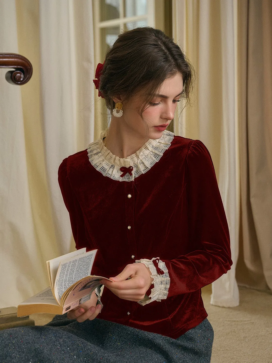 【Final Sale】Azaria Round Collar Contrasting Lace Panel Bow Velvet Top - Rust Red