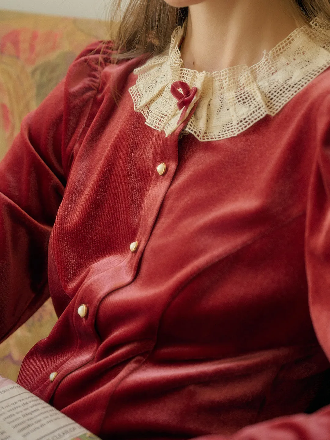 【Final Sale】Azaria Round Collar Contrasting Lace Panel Bow Velvet Top - Rust Red