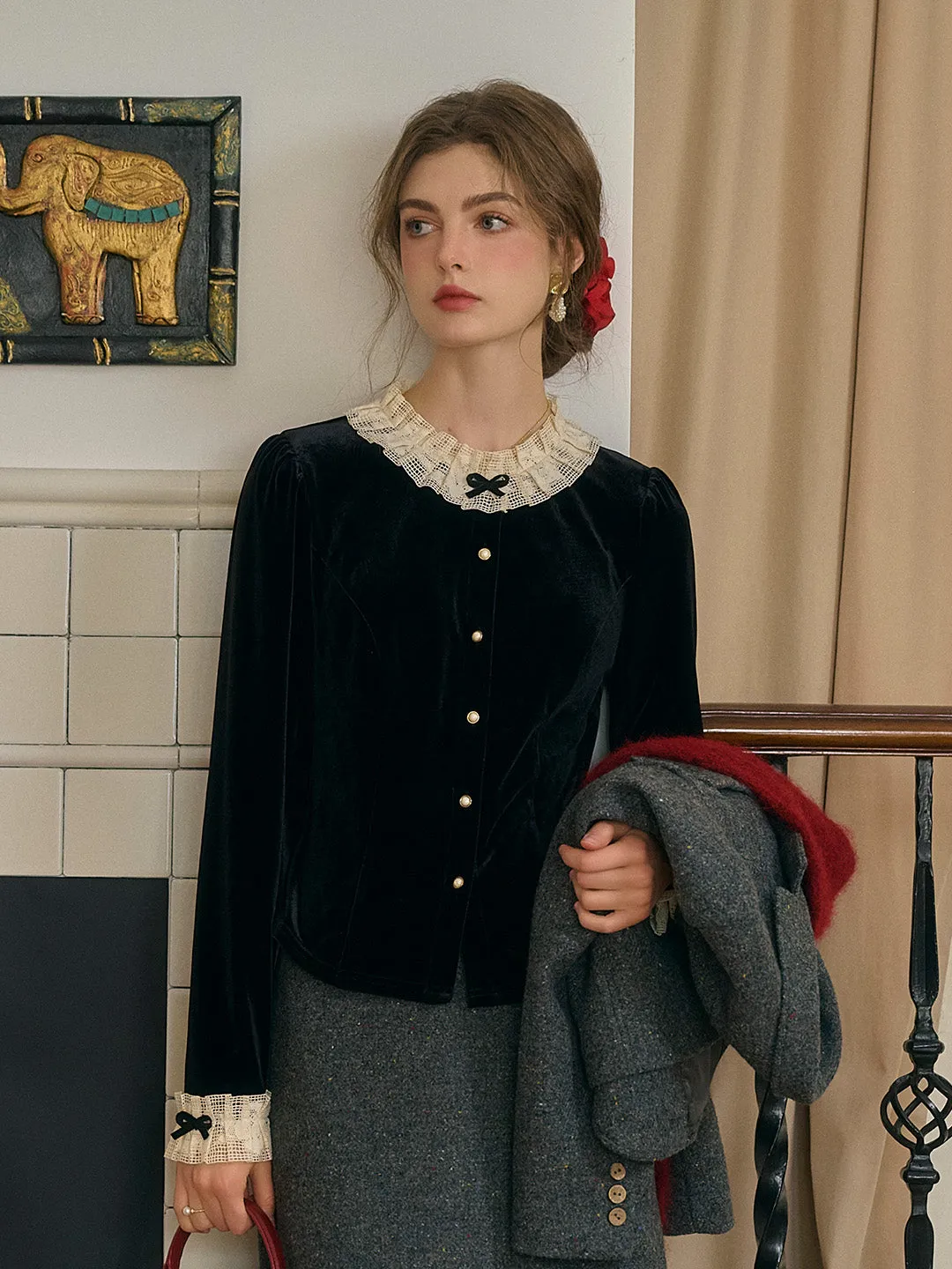【Final Sale】Azaria Round Collar Contrasting Lace Panel Bow Velvet Top - Rust Red