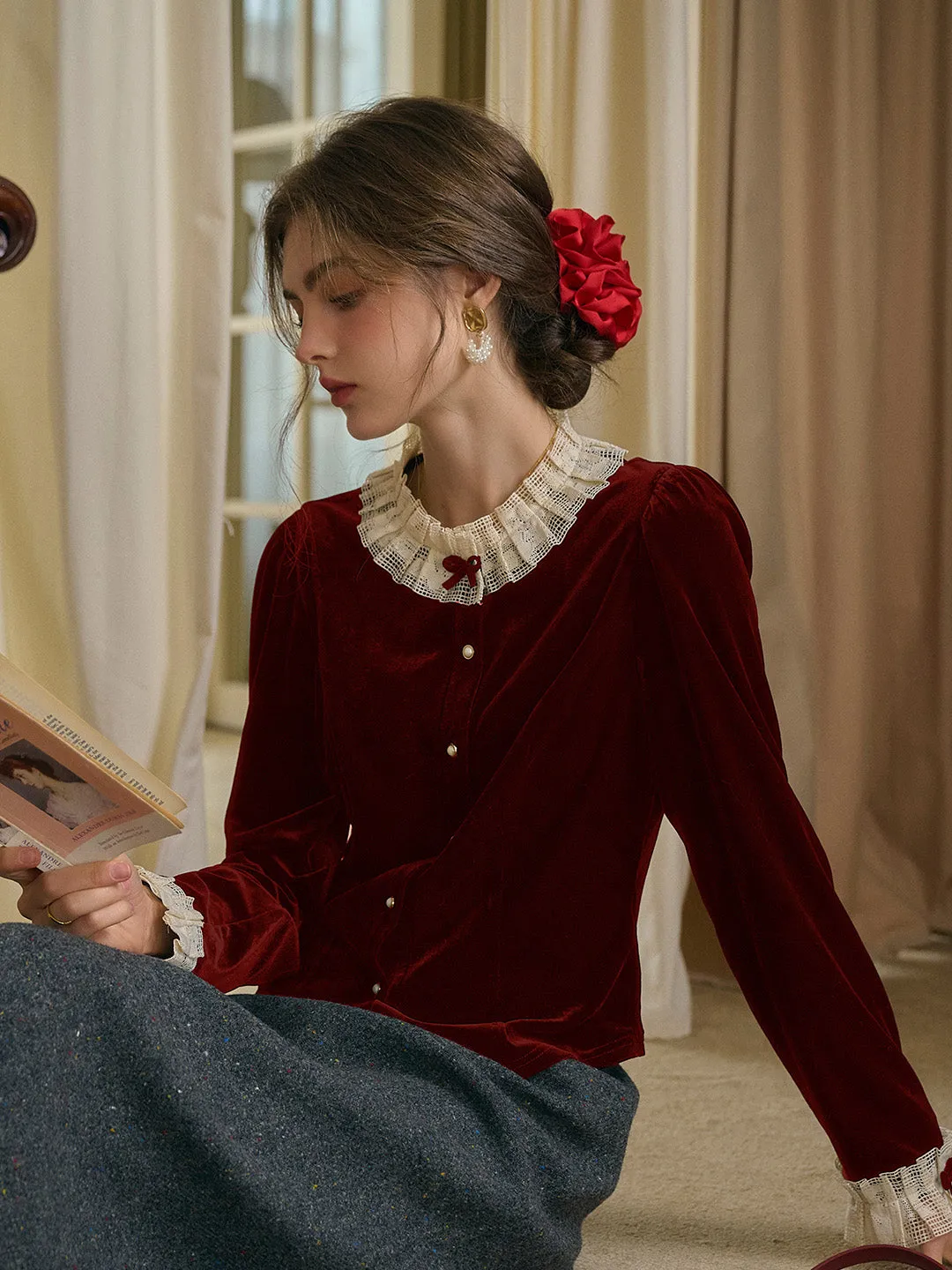 【Final Sale】Azaria Round Collar Contrasting Lace Panel Bow Velvet Top - Rust Red