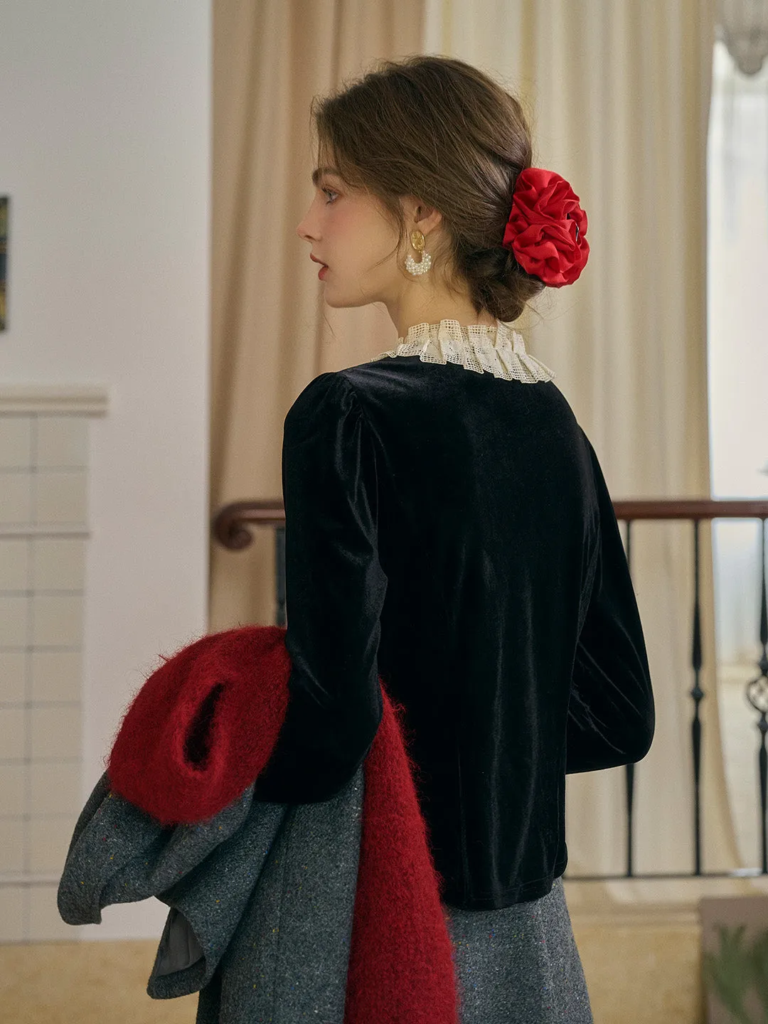 【Final Sale】Azaria Round Collar Contrasting Lace Panel Bow Velvet Top - Rust Red