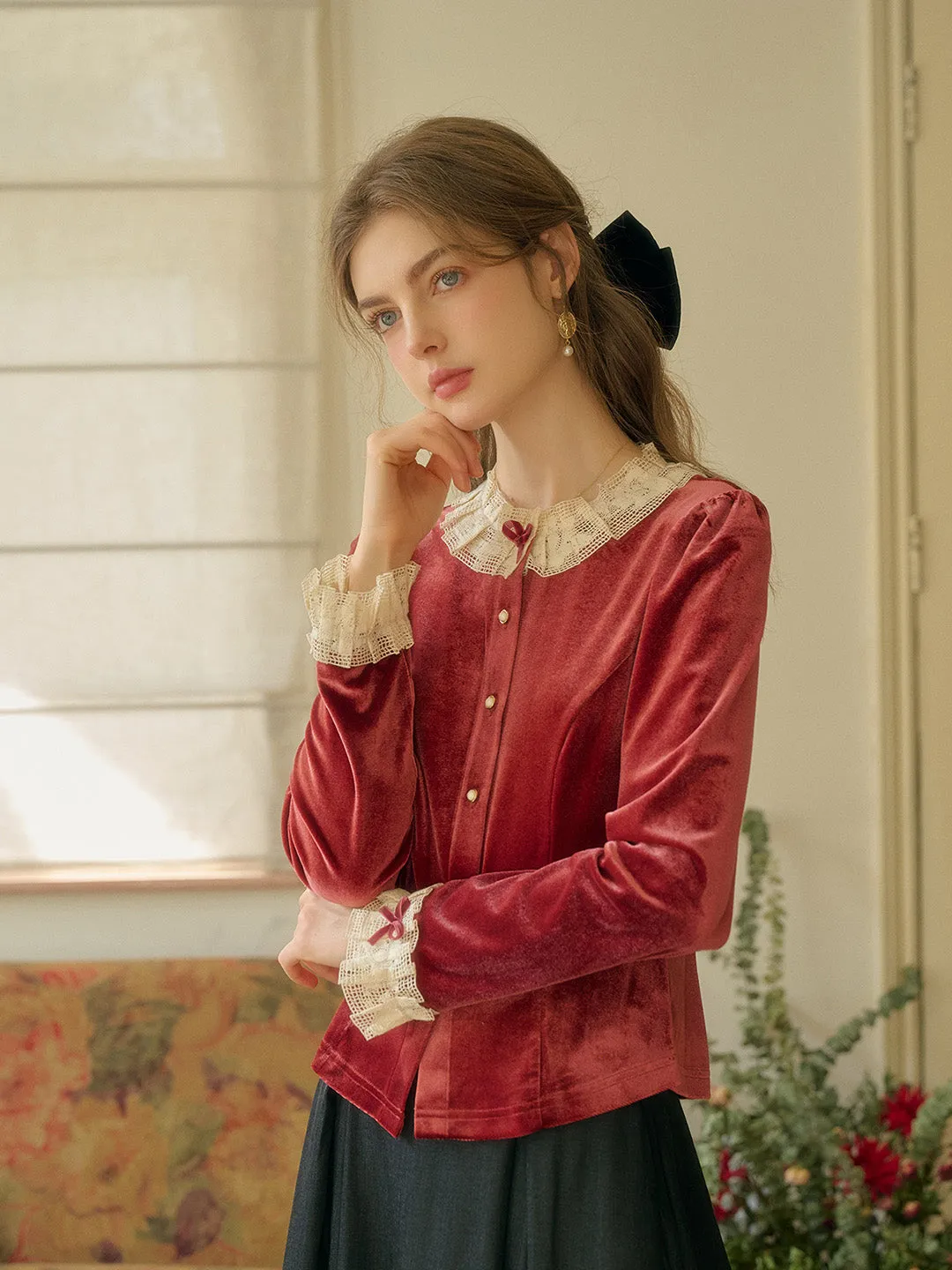 【Final Sale】Azaria Round Collar Contrasting Lace Panel Bow Velvet Top - Rust Red