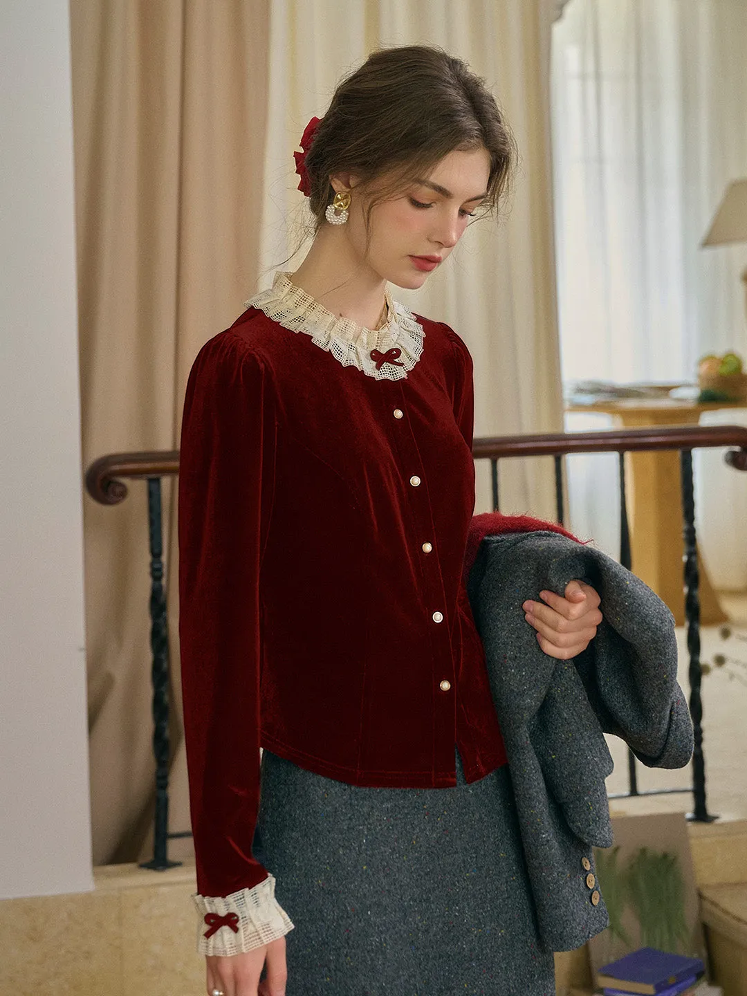 【Final Sale】Azaria Round Collar Contrasting Lace Panel Bow Velvet Top - Rust Red