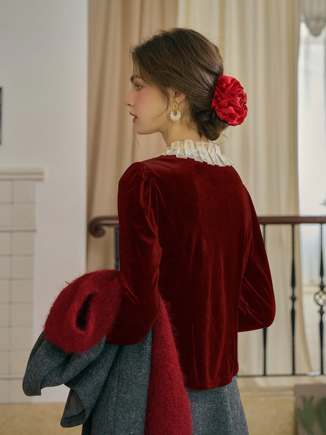 【Final Sale】Azaria Round Collar Contrasting Lace Panel Bow Velvet Top - Rust Red