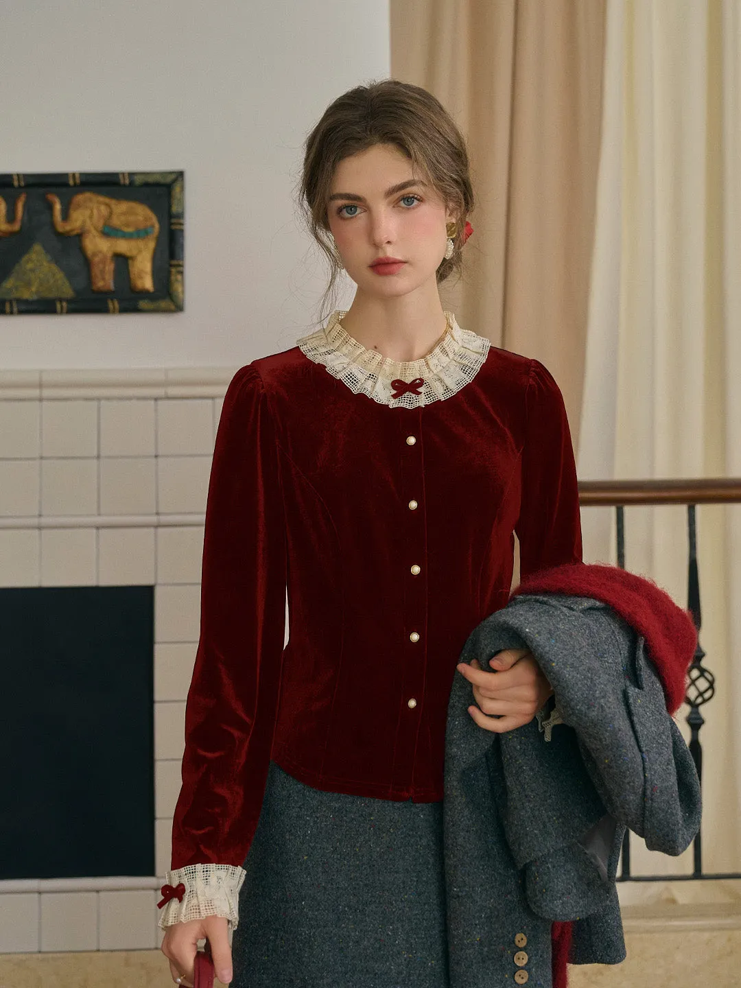 【Final Sale】Azaria Round Collar Contrasting Lace Panel Bow Velvet Top - Rust Red