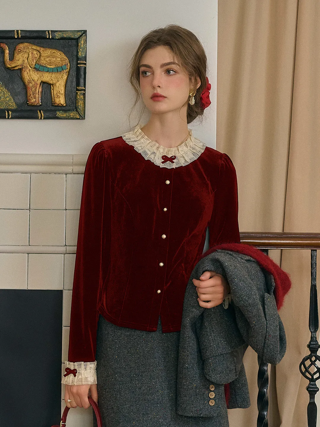 【Final Sale】Azaria Round Collar Contrasting Lace Panel Bow Velvet Top - Rust Red
