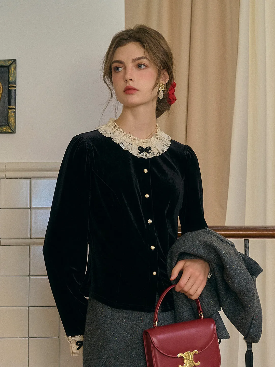 【Final Sale】Azaria Round Collar Contrasting Lace Panel Bow Velvet Top - Rust Red