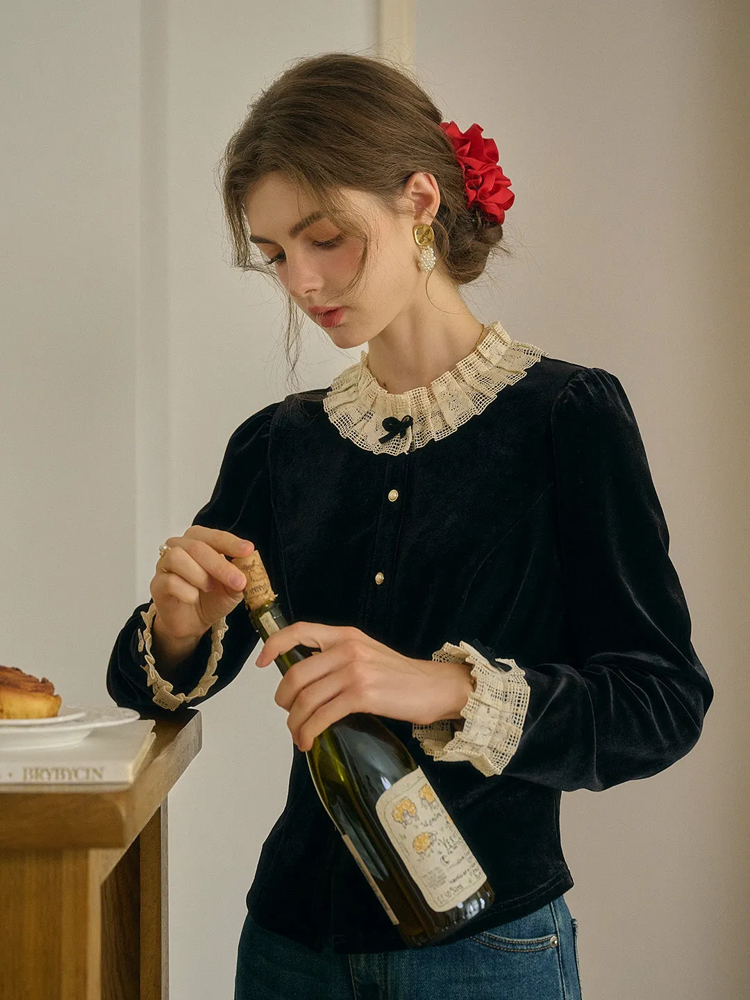 【Final Sale】Azaria Round Collar Contrasting Lace Panel Bow Velvet Top - Rust Red