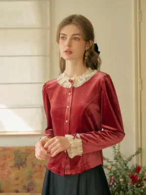 【Final Sale】Azaria Round Collar Contrasting Lace Panel Bow Velvet Top - Rust Red