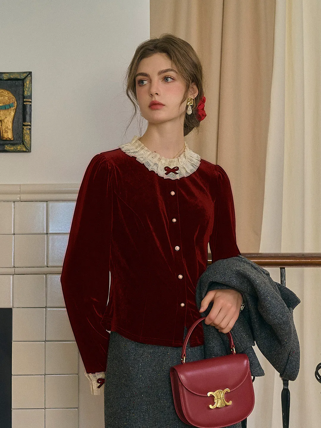 【Final Sale】Azaria Round Collar Contrasting Lace Panel Bow Velvet Top - Rust Red