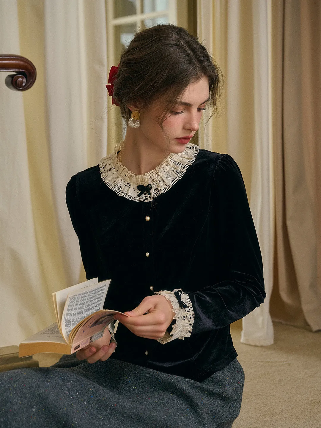 【Final Sale】Azaria Round Collar Contrasting Lace Panel Bow Velvet Top - Rust Red