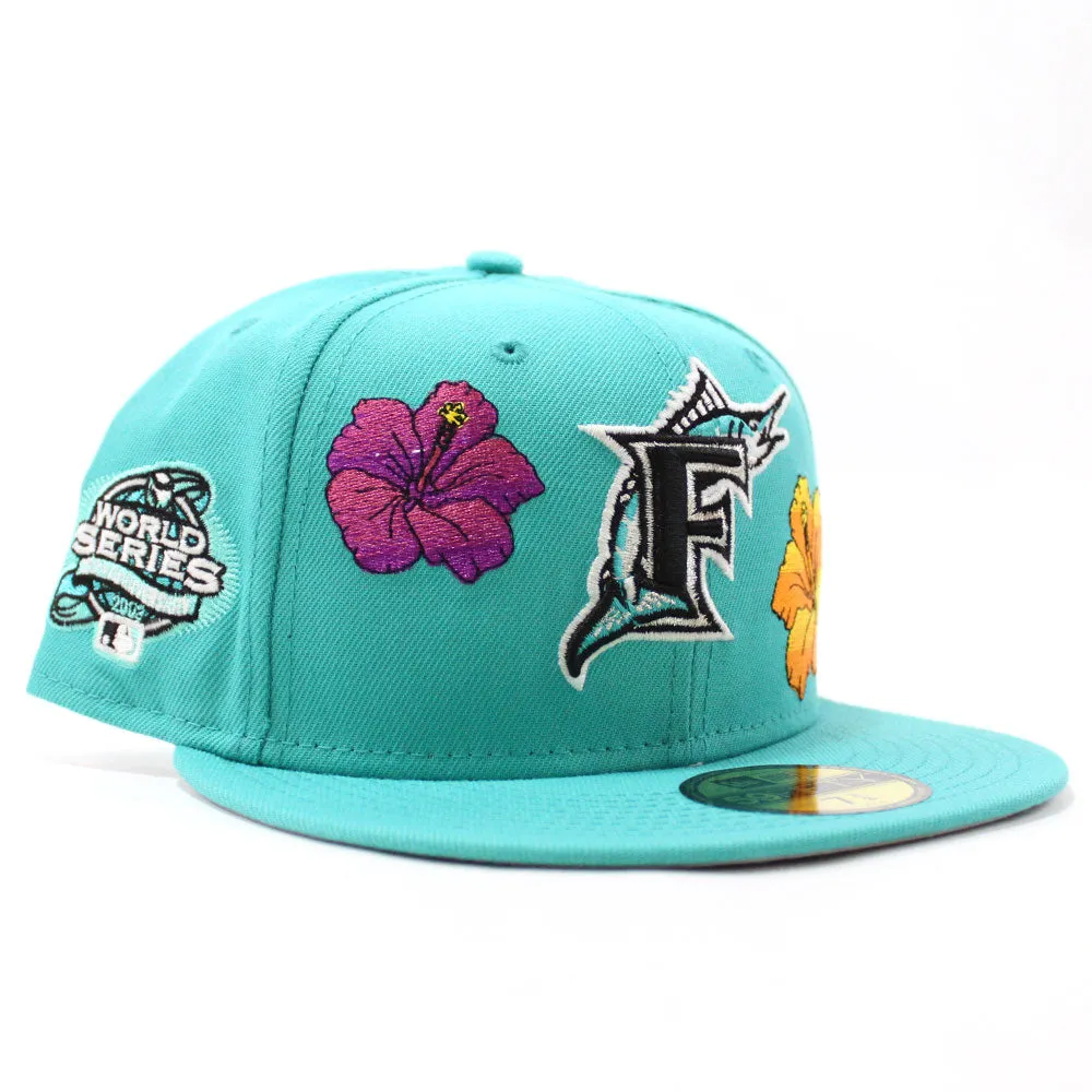 Florida Marlins Flowers 100 Anniversary New Era 59Fifty Fitted Hat (Glow in the Dark Teal Grey Under brim)