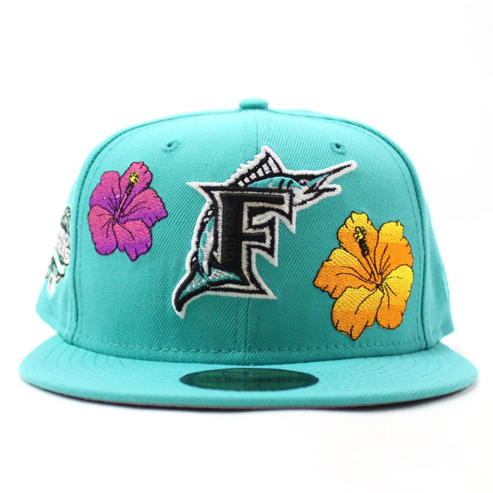 Florida Marlins Flowers 100 Anniversary New Era 59Fifty Fitted Hat (Glow in the Dark Teal Grey Under brim)