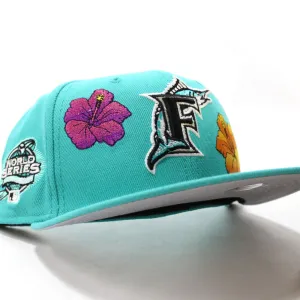 Florida Marlins Flowers 100 Anniversary New Era 59Fifty Fitted Hat (Glow in the Dark Teal Grey Under brim)