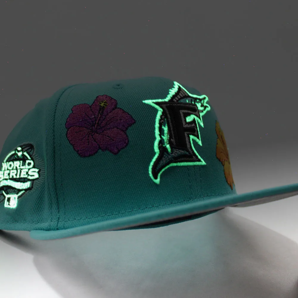 Florida Marlins Flowers 100 Anniversary New Era 59Fifty Fitted Hat (Glow in the Dark Teal Grey Under brim)