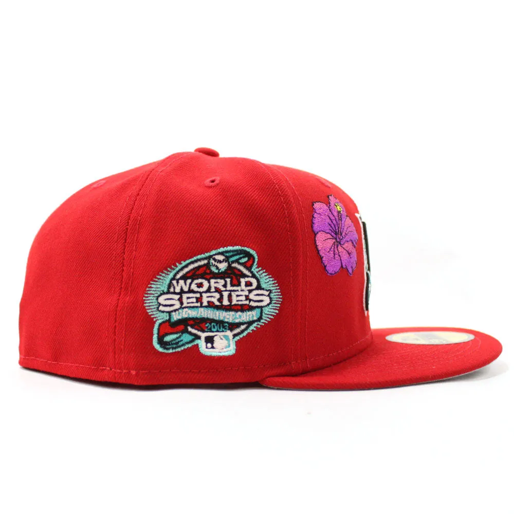 Florida Marlins Flowers 2003 World Series 100 Anniversary New Era 59Fifty Fitted Hat (Glow in the Dark Red Gray Under brim)