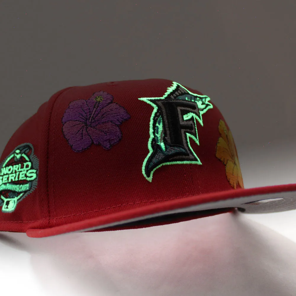 Florida Marlins Flowers 2003 World Series 100 Anniversary New Era 59Fifty Fitted Hat (Glow in the Dark Red Gray Under brim)