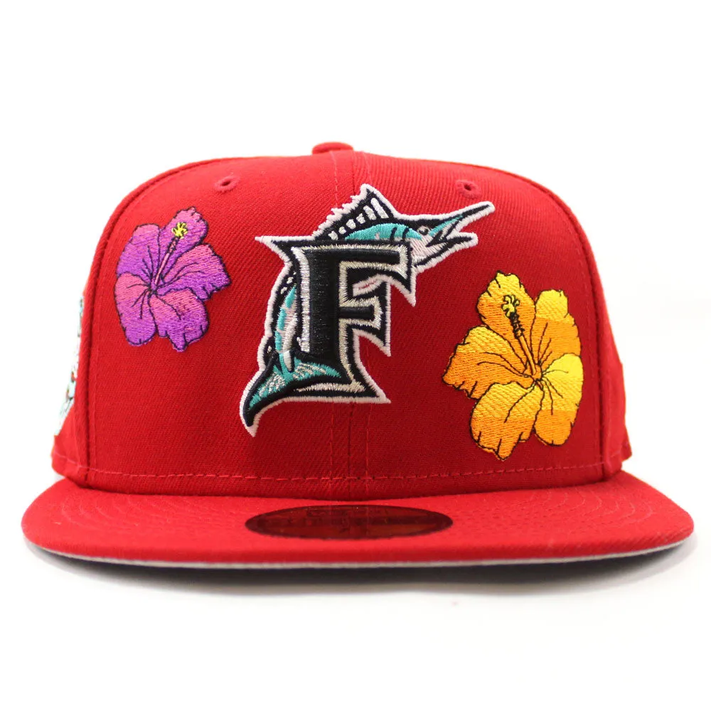 Florida Marlins Flowers 2003 World Series 100 Anniversary New Era 59Fifty Fitted Hat (Glow in the Dark Red Gray Under brim)