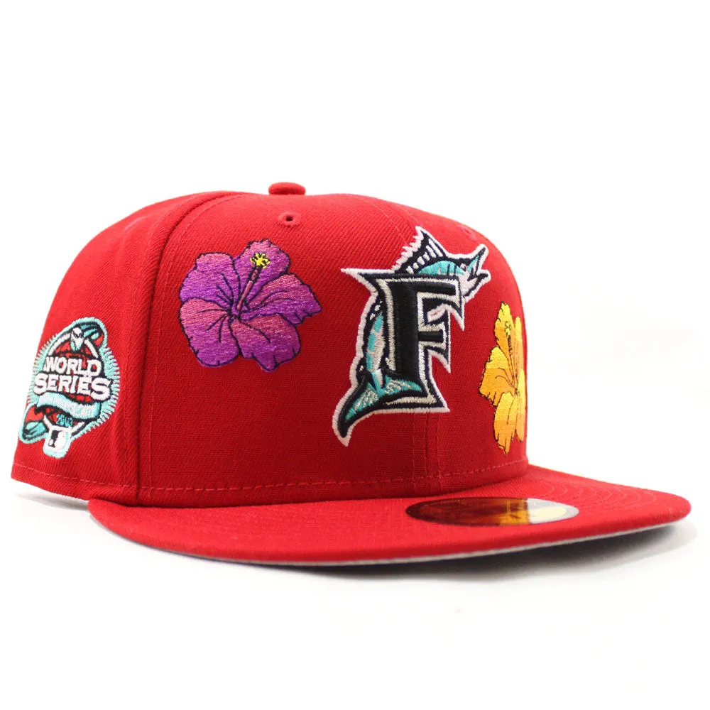 Florida Marlins Flowers 2003 World Series 100 Anniversary New Era 59Fifty Fitted Hat (Glow in the Dark Red Gray Under brim)