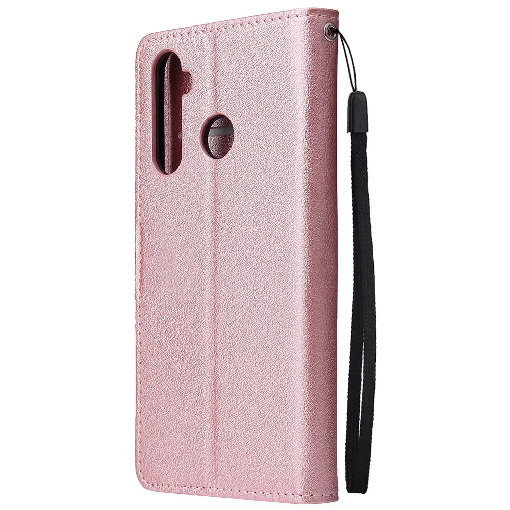 For OPPO Realme 5 Rro Cellphone Cover Buckle Closure Cards Holder Wallet Design Stand Function PU Leather Smart Shell Overall Protection  Rose gold