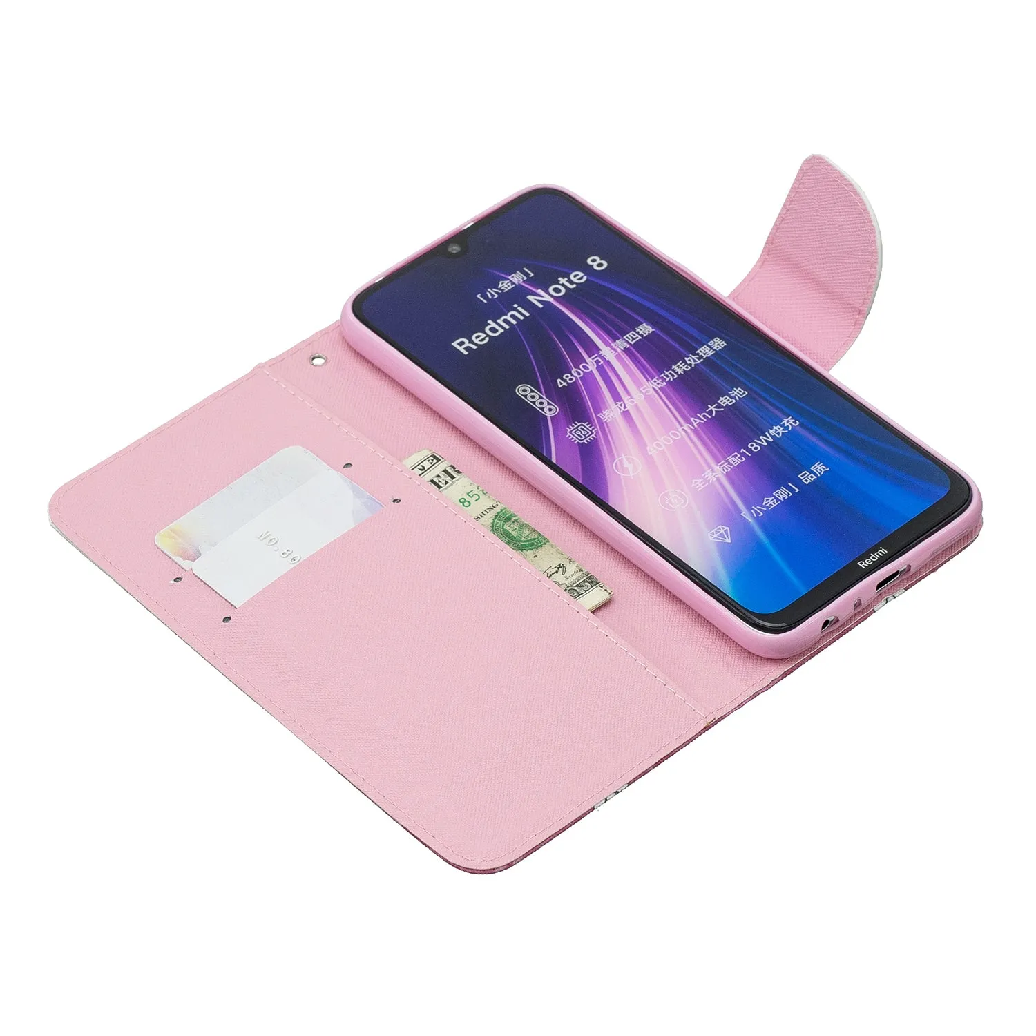 For Redmi Note 8/8 Pro Cellphone Cover Stand Function Wallet Design PU Leather Smartphone Shell Elegant Pattern Printed  Red lip cat