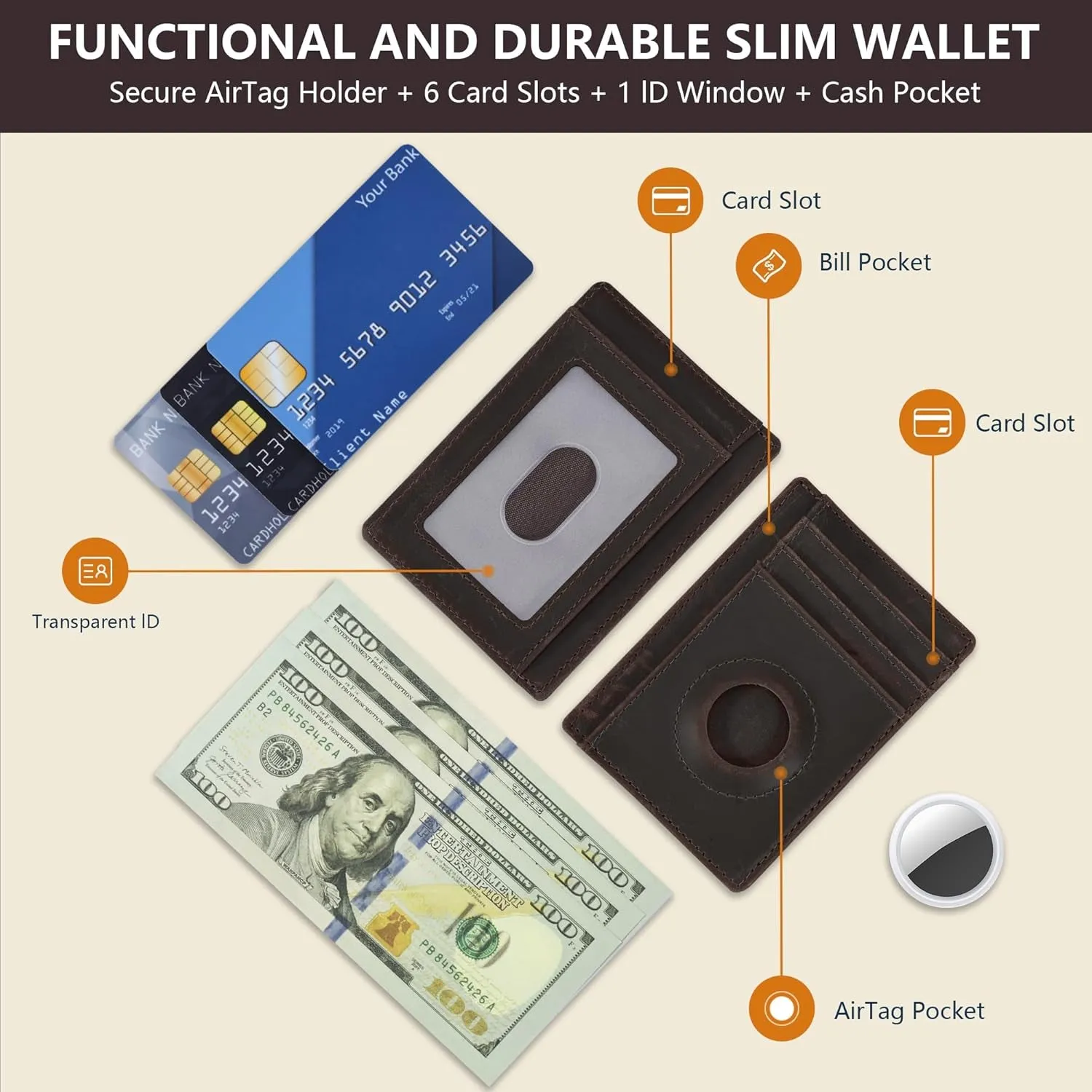 Genuine Leather Slim Wallet with Airtag compartment, Compatible with AirTag