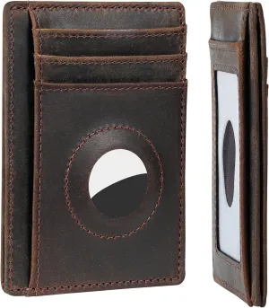Genuine Leather Slim Wallet with Airtag compartment, Compatible with AirTag