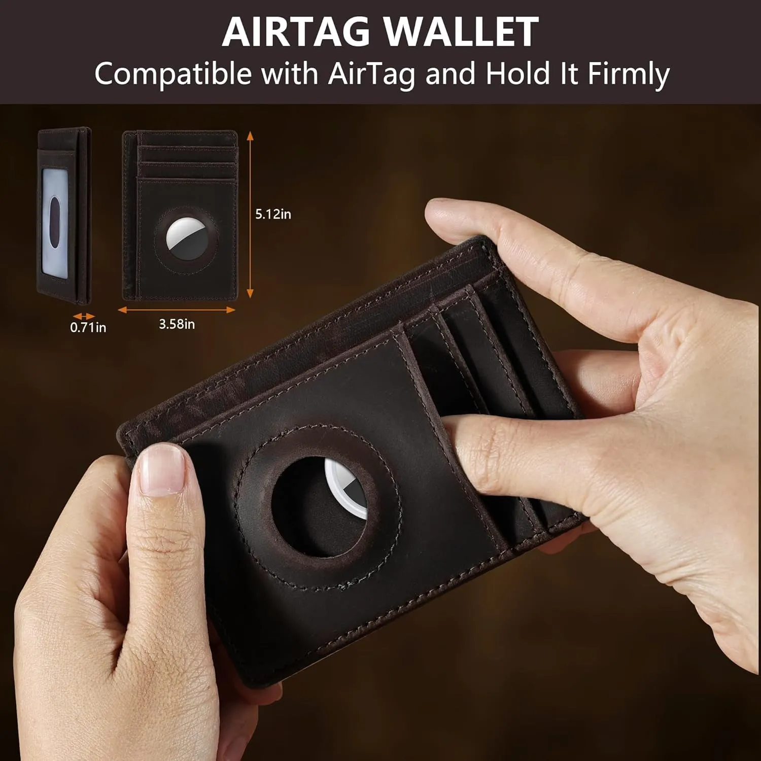 Genuine Leather Slim Wallet with Airtag compartment, Compatible with AirTag