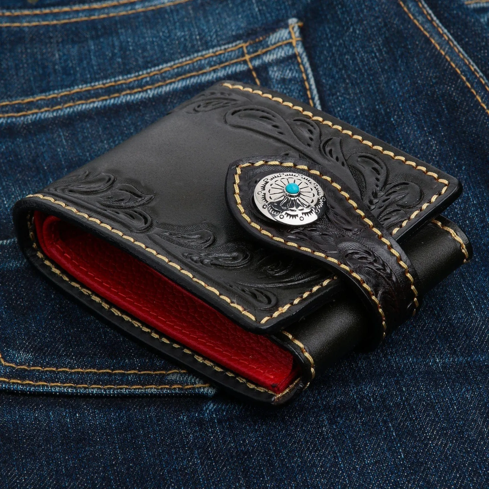 Genuine Leather Turquoise Indian Cowboy Floral Biker Wallet