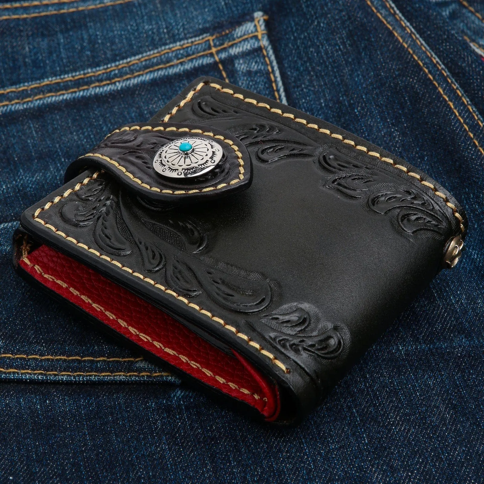 Genuine Leather Turquoise Indian Cowboy Floral Biker Wallet