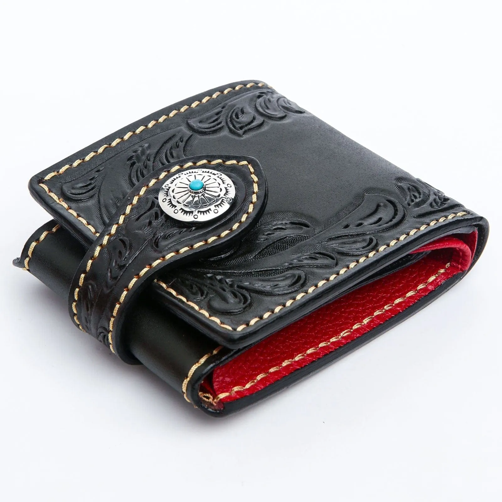 Genuine Leather Turquoise Indian Cowboy Floral Biker Wallet
