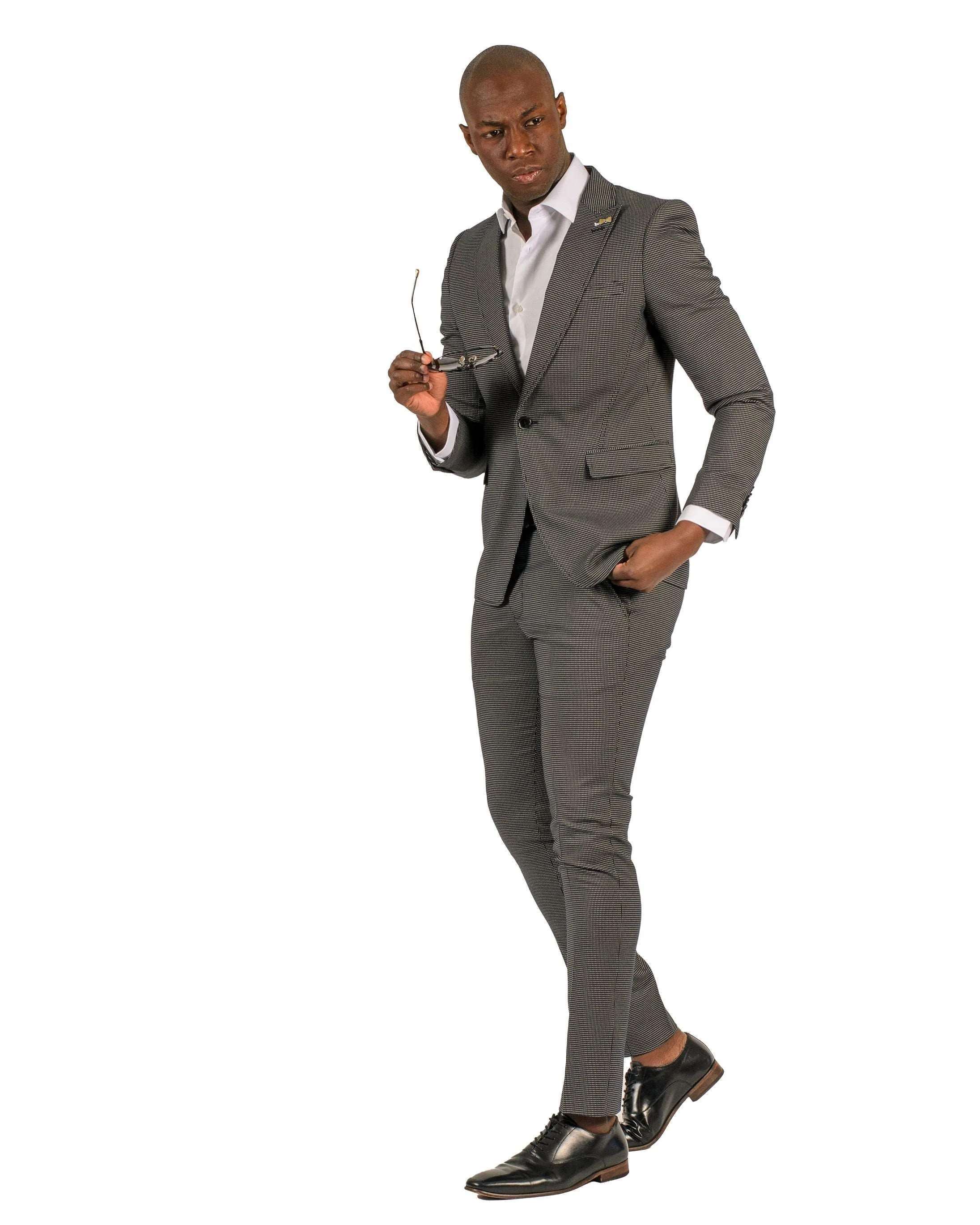 Giovanni Testi Traveler 1 Button Peak Lapel Slim Fit Suit GTRVL1P-5194 BLK/WHITE (R23-B)