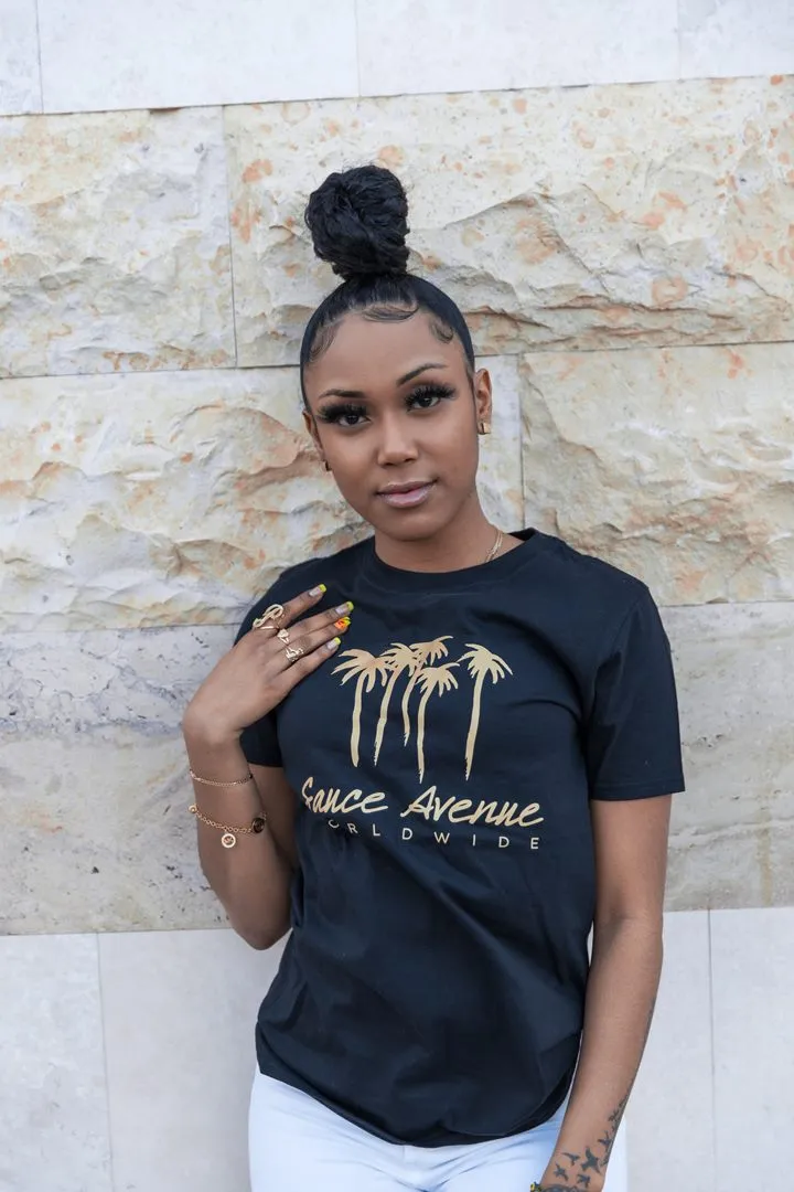 Gold Reflective Palm Trees SA Worldwide | Black Tee