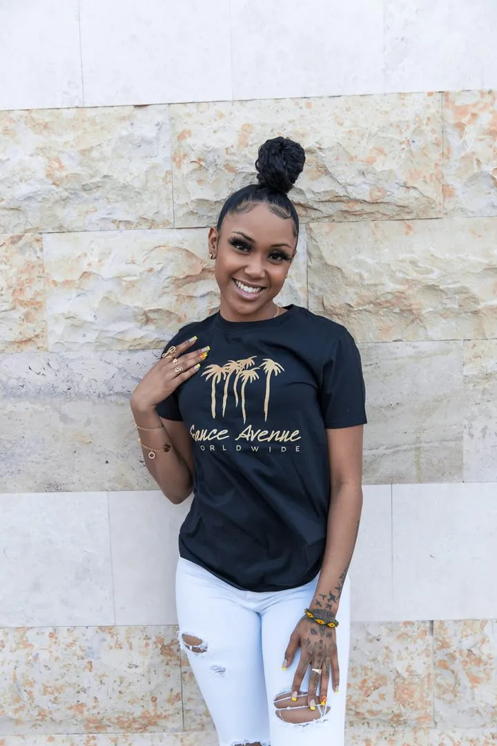 Gold Reflective Palm Trees SA Worldwide | Black Tee