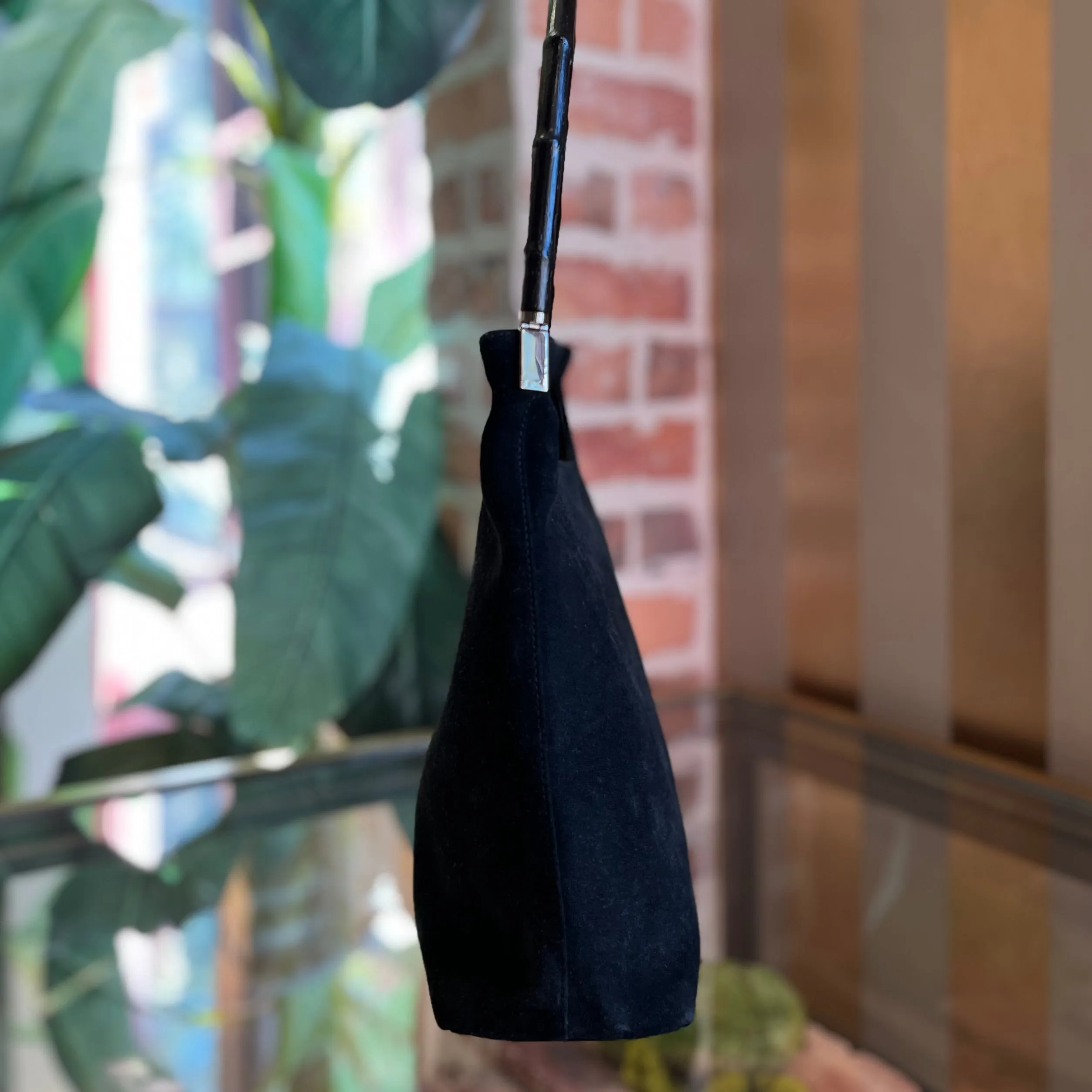 GUCCI Black Suede Bamboo Handle Shoulder Bag