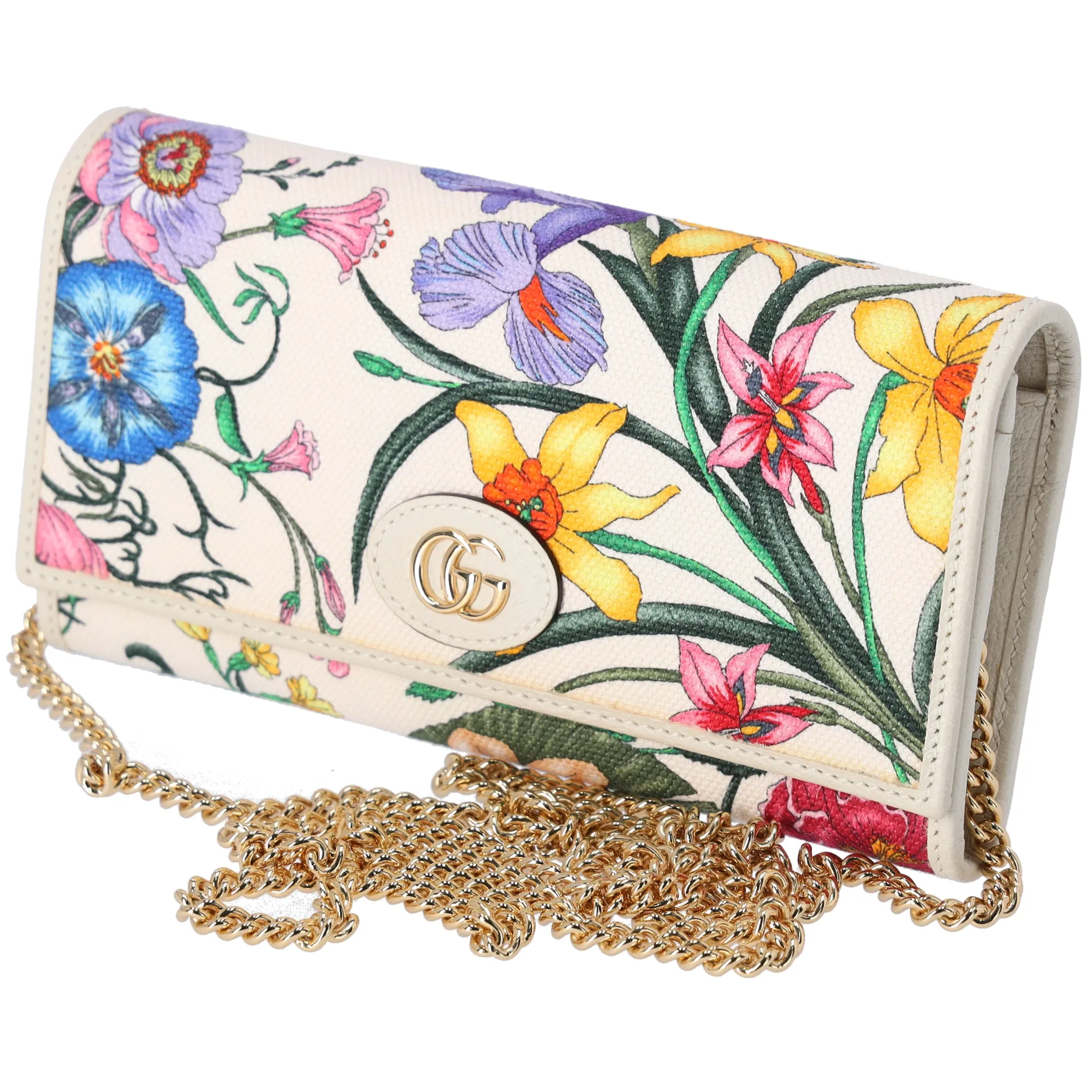 GUCCI GG Marmont Flora Print Chain Wallet Crossbody 577343 Cream Pink Multi