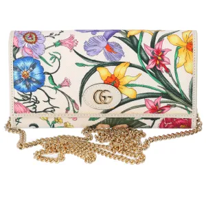 GUCCI GG Marmont Flora Print Chain Wallet Crossbody 577343 Cream Pink Multi