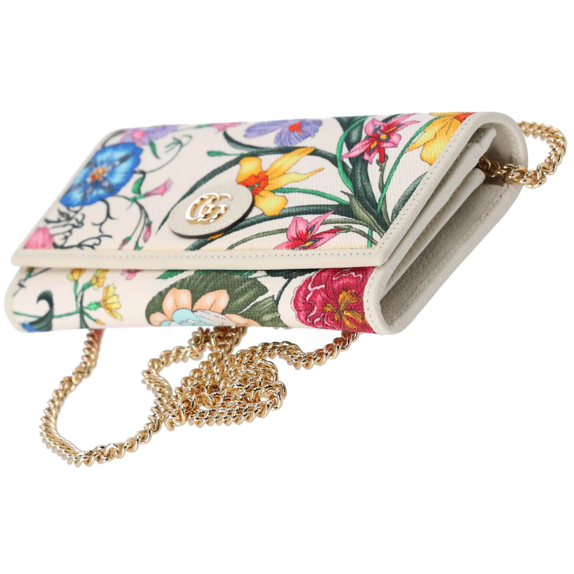 GUCCI GG Marmont Flora Print Chain Wallet Crossbody 577343 Cream Pink Multi