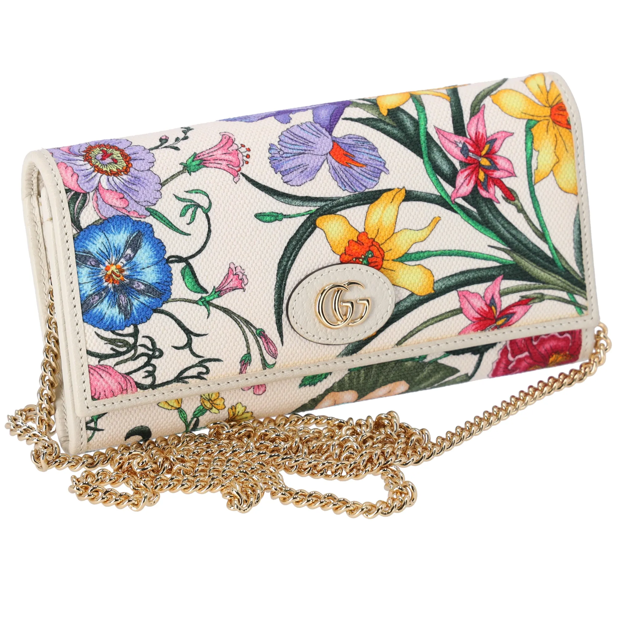 GUCCI GG Marmont Flora Print Chain Wallet Crossbody 577343 Cream Pink Multi