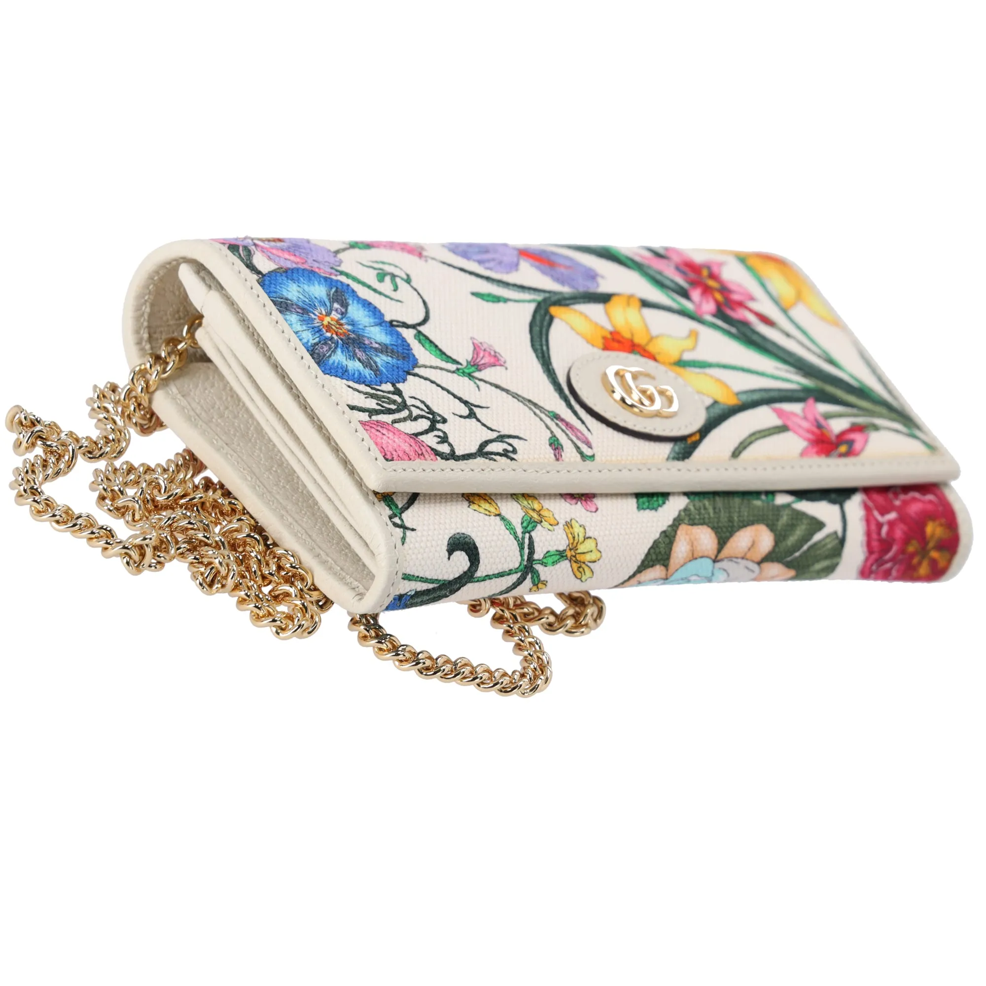 GUCCI GG Marmont Flora Print Chain Wallet Crossbody 577343 Cream Pink Multi