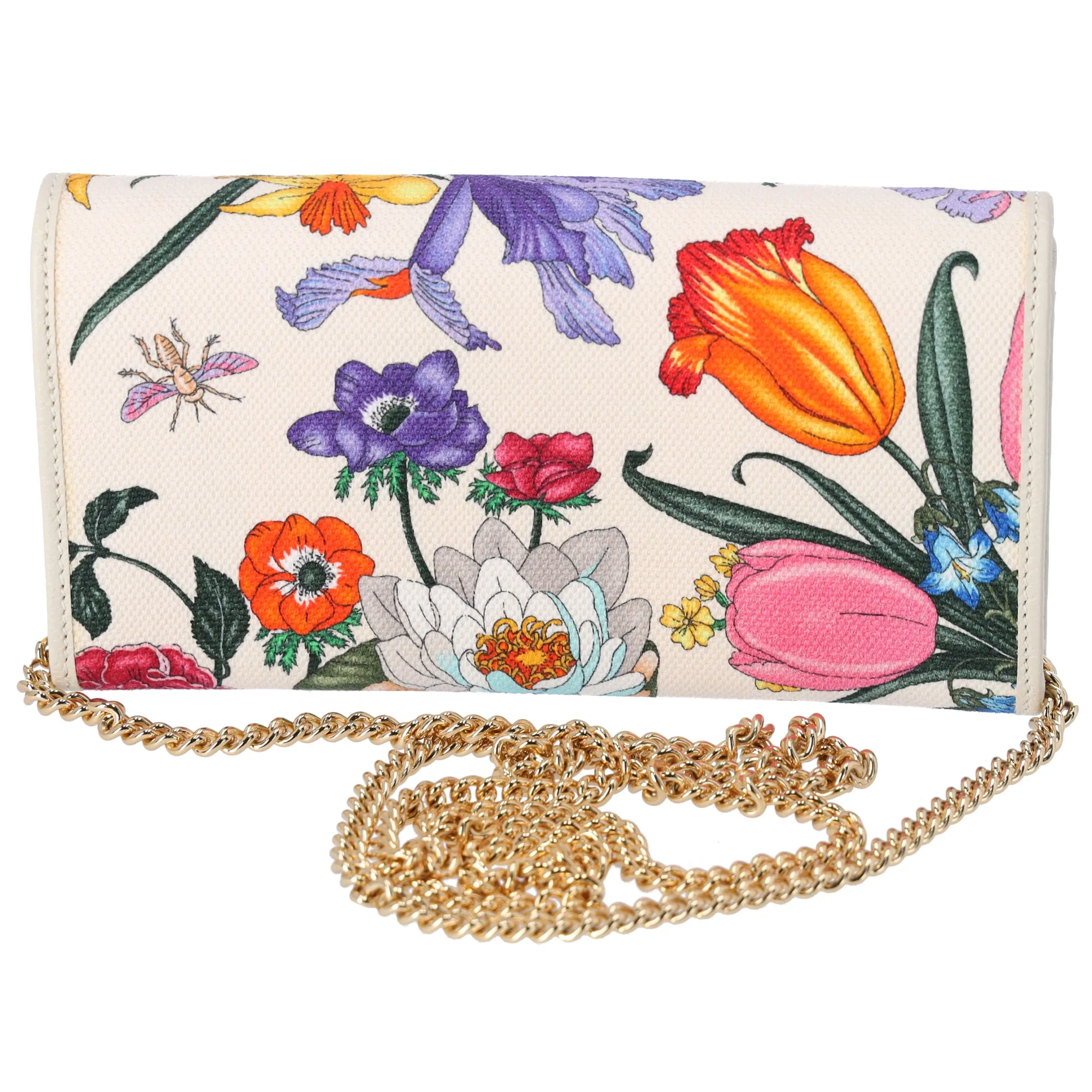GUCCI GG Marmont Flora Print Chain Wallet Crossbody 577343 Cream Pink Multi
