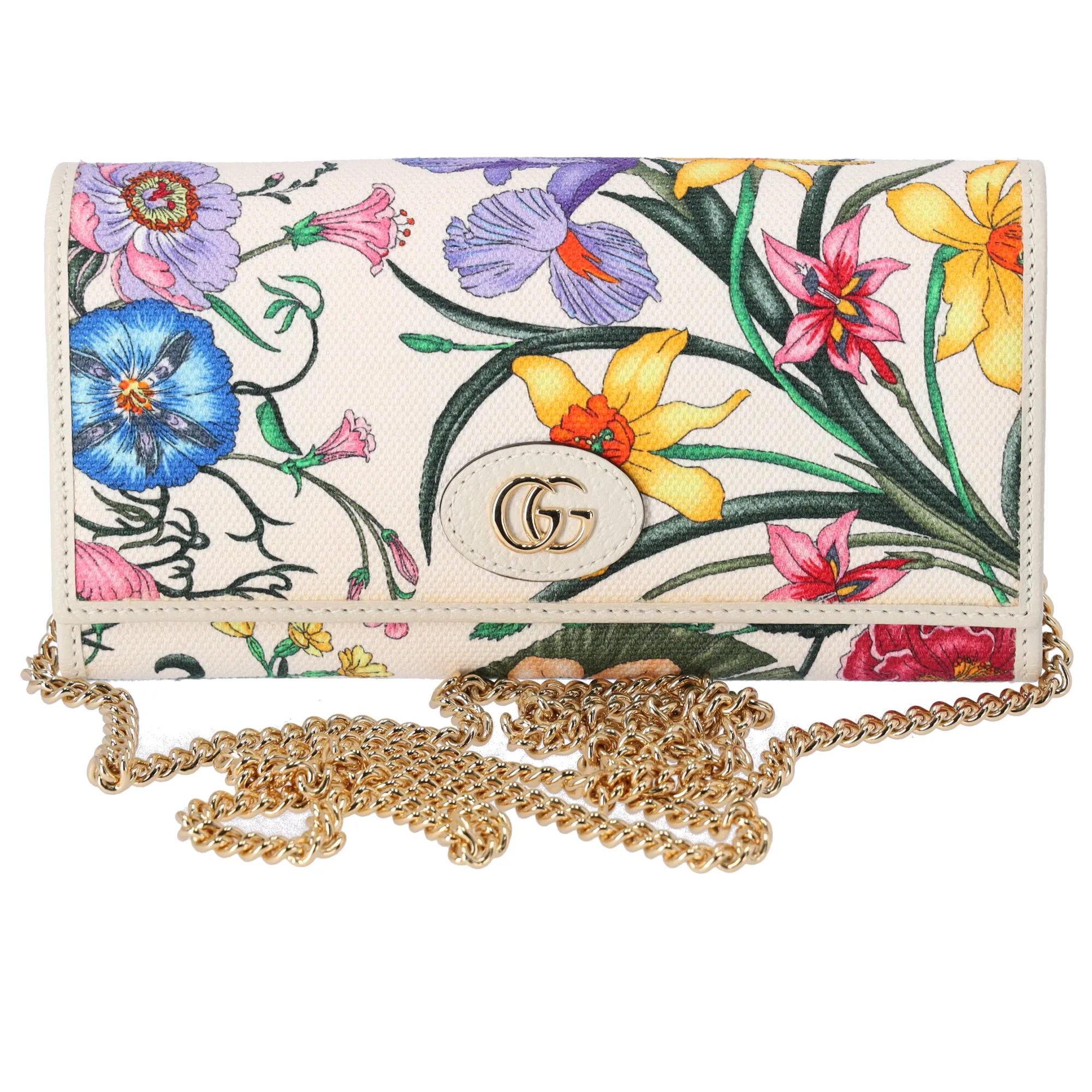 GUCCI GG Marmont Flora Print Chain Wallet Crossbody 577343 Cream Pink Multi